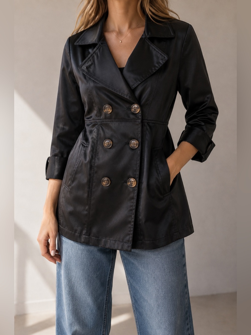 Vintage Y2K XOXO Womens Small Black Satin Trench Coat Jacket 2000s